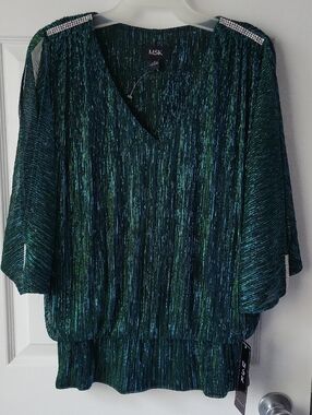 MSK Iridescent Teal and Emerald V-Neck Top Size L